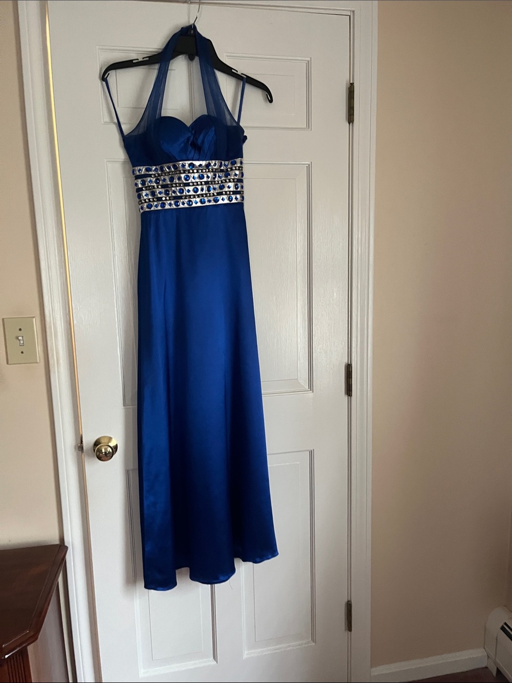 Royal Blue Halter Evening Gown with Embellished Waist